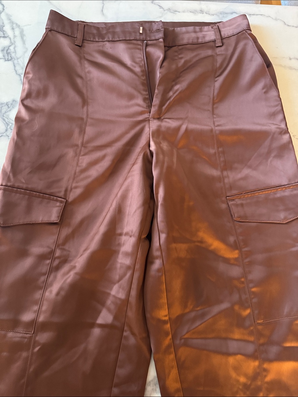 House of Harlow 1960 Wide-Leg Cargo Pants in Deep Brown satin material.